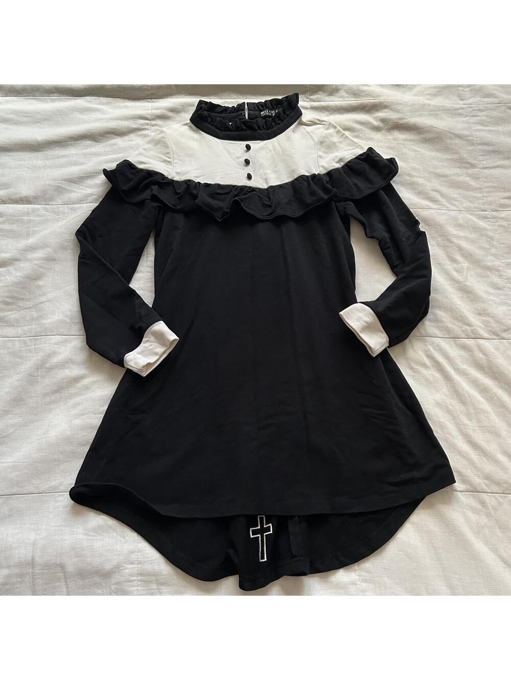 Hell Cat Punks Black White Ruffle Tunic Dress Cross Embroidery Gothic S